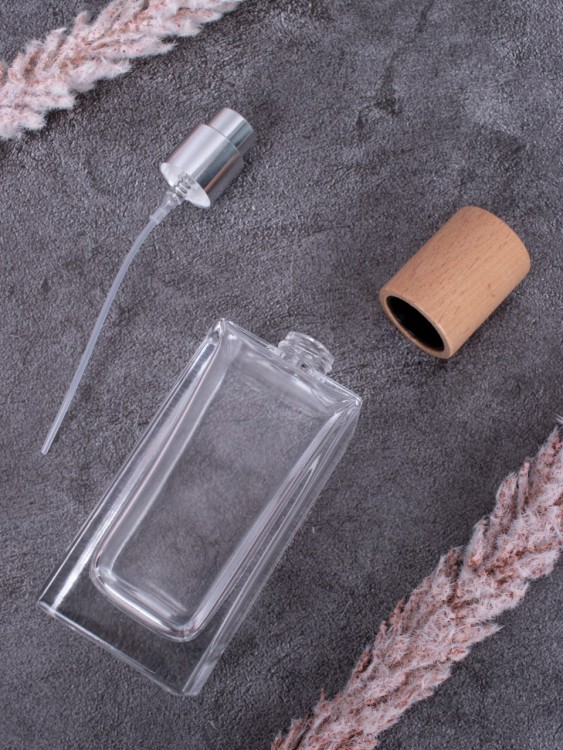 Флаконы 50мл стекло спрей квадрат дерево крышка светлое