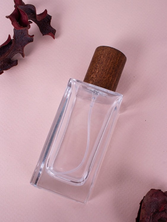 Флаконы 50мл стекло спрей квадрат дерево крышка ТЕМНАЯ