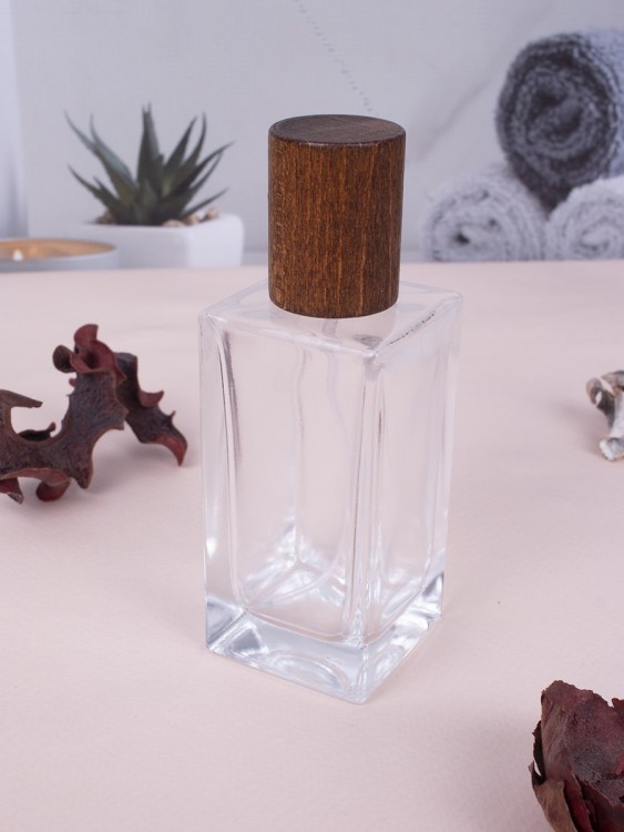 Флаконы 50мл стекло спрей квадрат дерево крышка ТЕМНАЯ